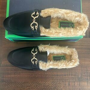 C Wonder faux fur lined slip on black loafer. New in box. Gold buckle.